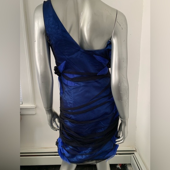 One Shoulder mesh Tulle Overlay black & blue mini Dress w flower detail size 6 - Picture 7 of 15